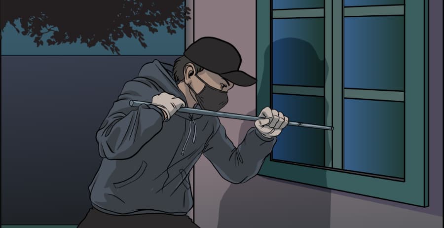 Illustration of burglar forcing entry through a window in Arlington
